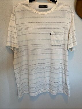 Striped Pocket Crewneck T-Shirt - off white with Light Blue and dark Stripes